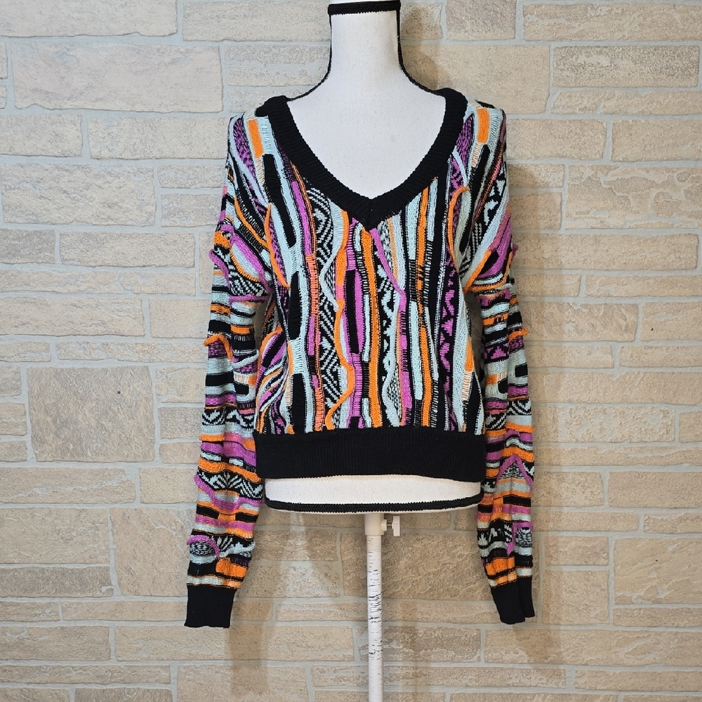 Forever 21 3D Coogi Style Multicolor Textured Knit Sweater V-Neck Size S